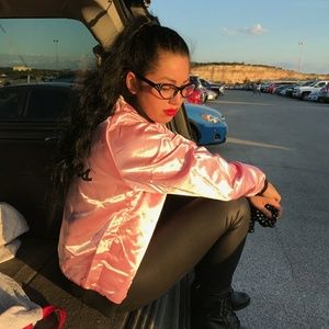 Pink sweeties jacket glasses and scarf